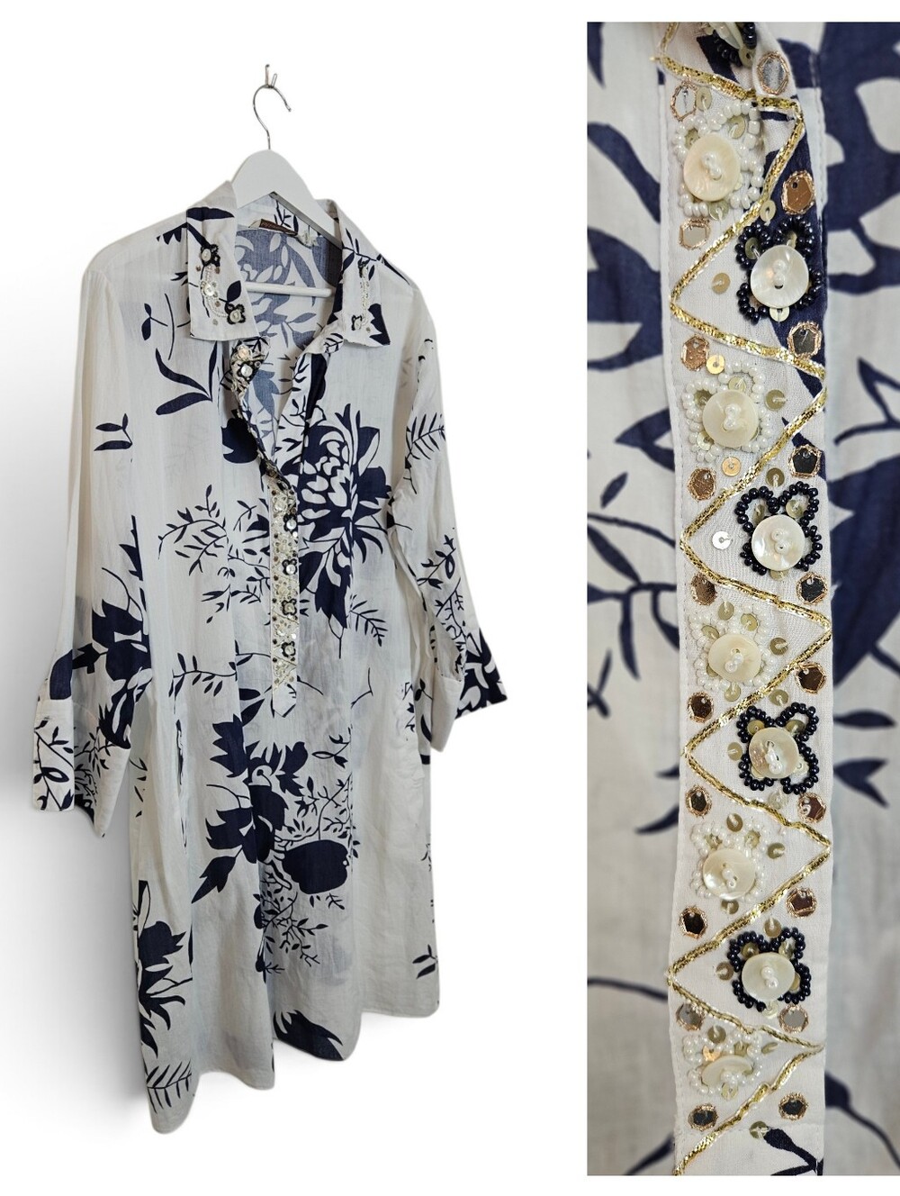 Soft Surroundings Tunic XL Margaux Beaded Floral Boho Cotton Pockets Navy White